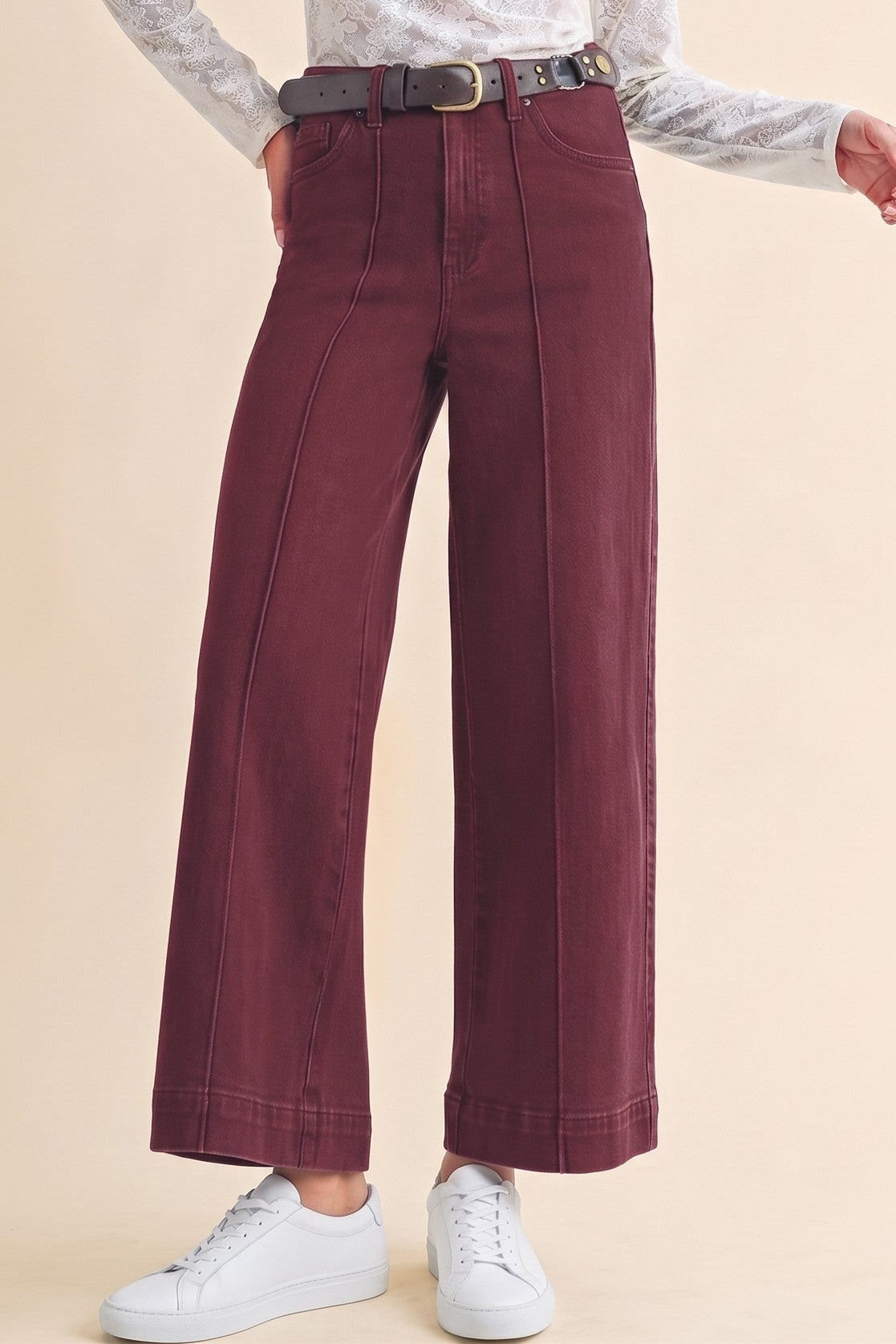 Stretch High Rise Pin Tuck Detail Wide Leg Jean