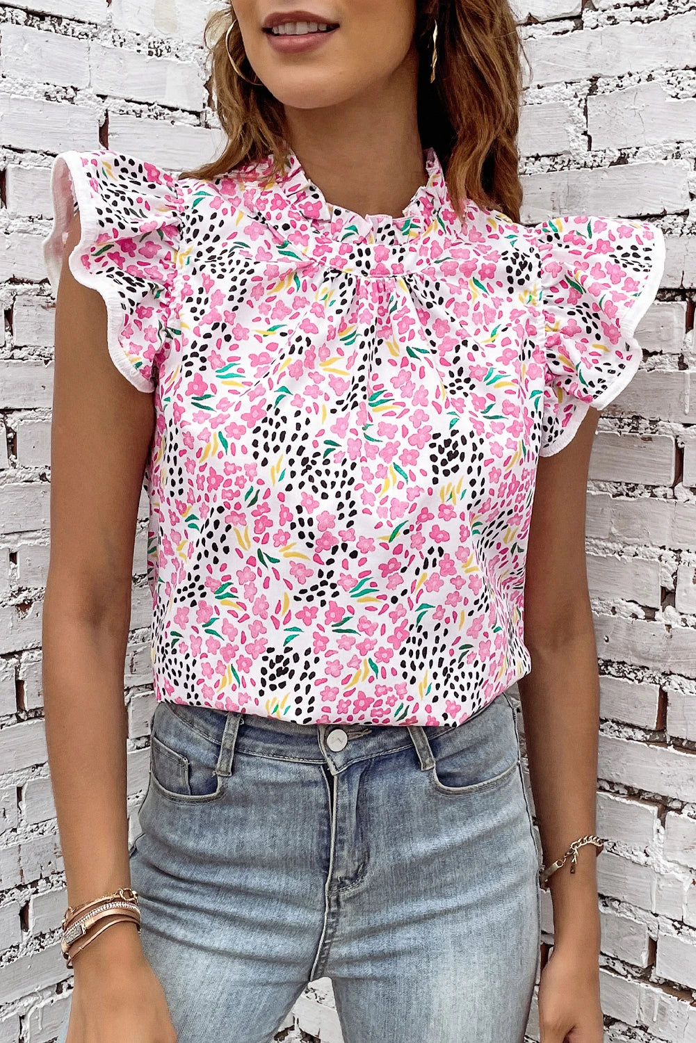 Pink Abstract Floral Print Flutter Sleeves Top