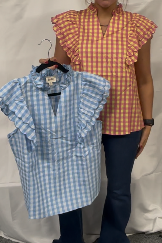 Gingham Woven Sclloped Edge Ruffled Sleeves V Neck