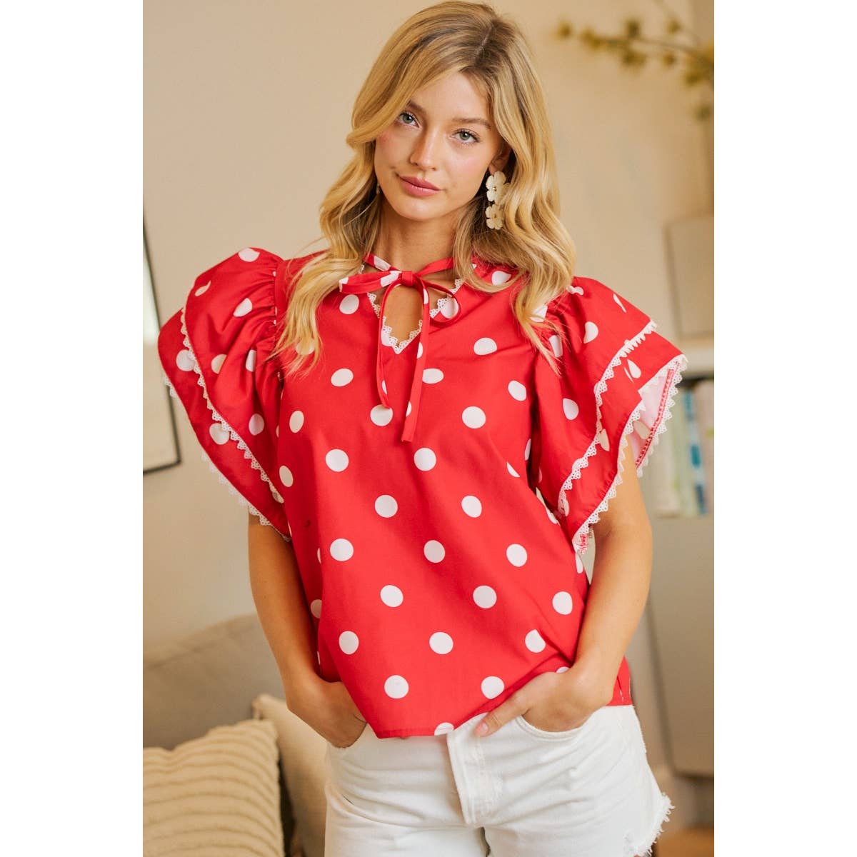 POLKA DOT PRINTED RUFFLE TRIM EDGE BLOUSE TOP