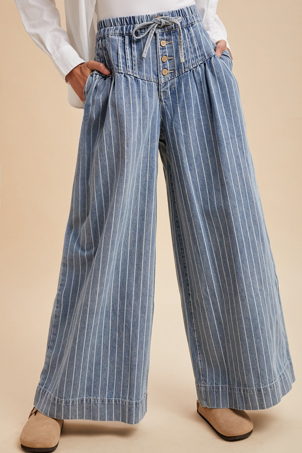 Striped Denim Pintuck Detail Wide-leg Pants