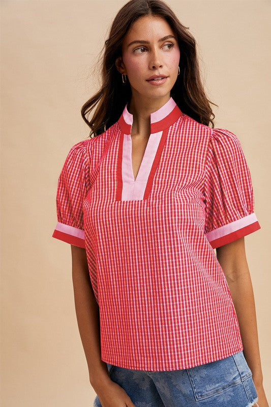 Check Print Blouse With Contrast Neckband Detail