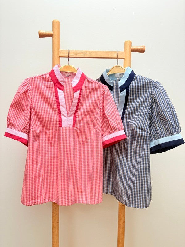 Check Print Blouse With Contrast Neckband Detail
