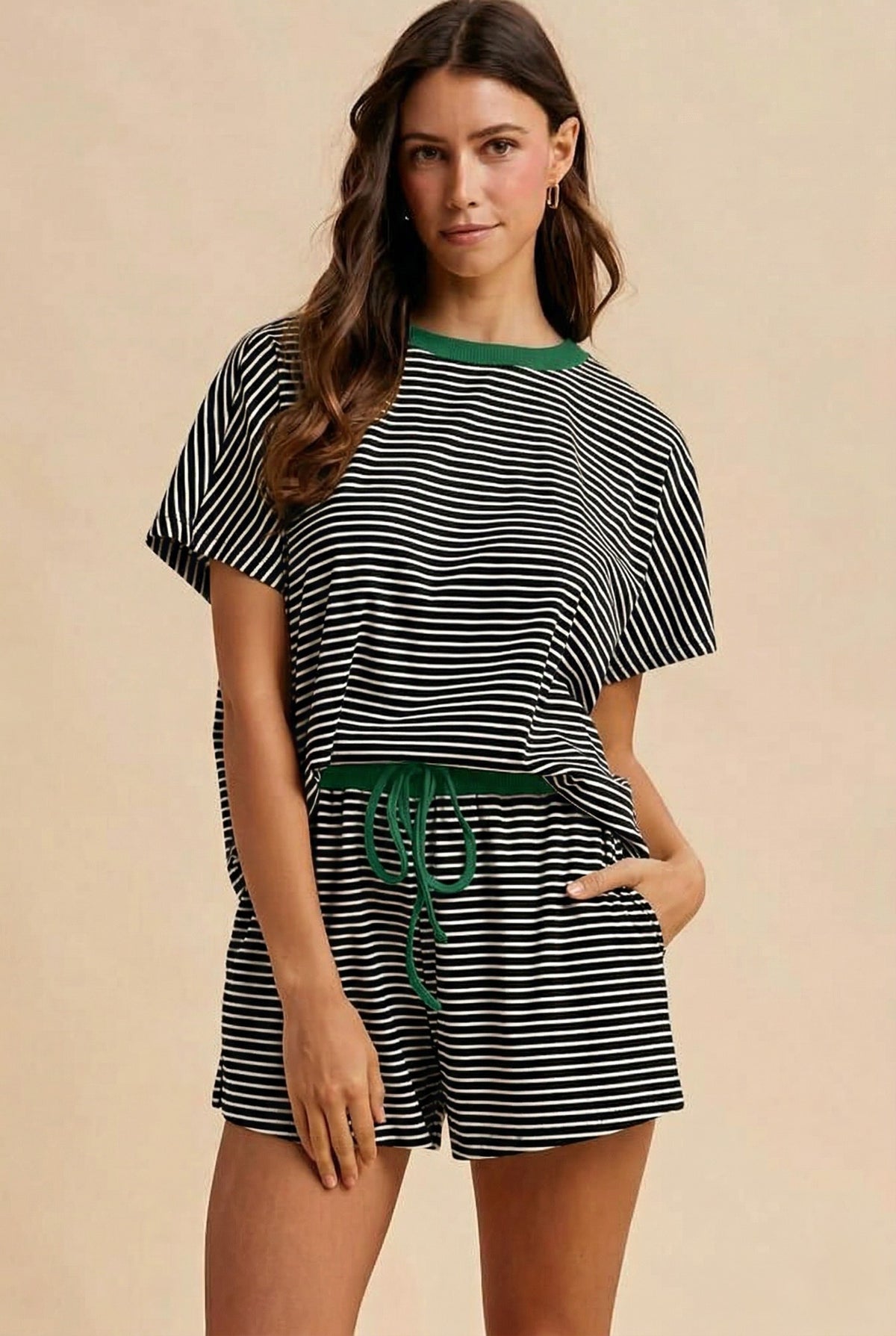 Loose Fit Striped Knit Top & Mini Shorts Set