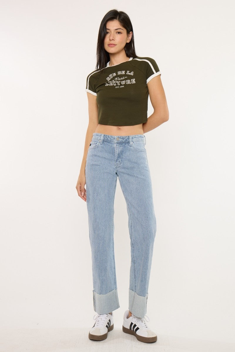 Mid Rise Stripe Slim Wide Jeans
