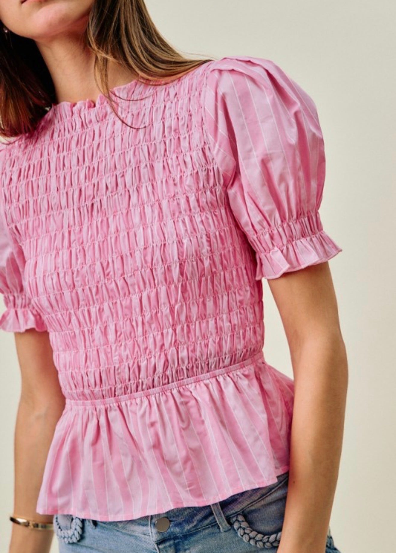 Stripe smocked puff sleeve blouse