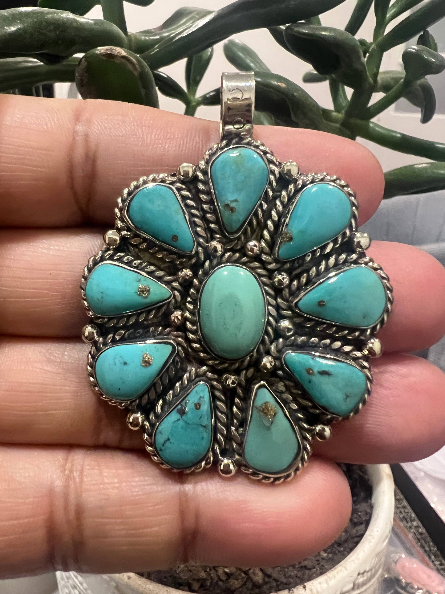 Natural Turquoise floral carved pendant, 2.25x1.75 inches