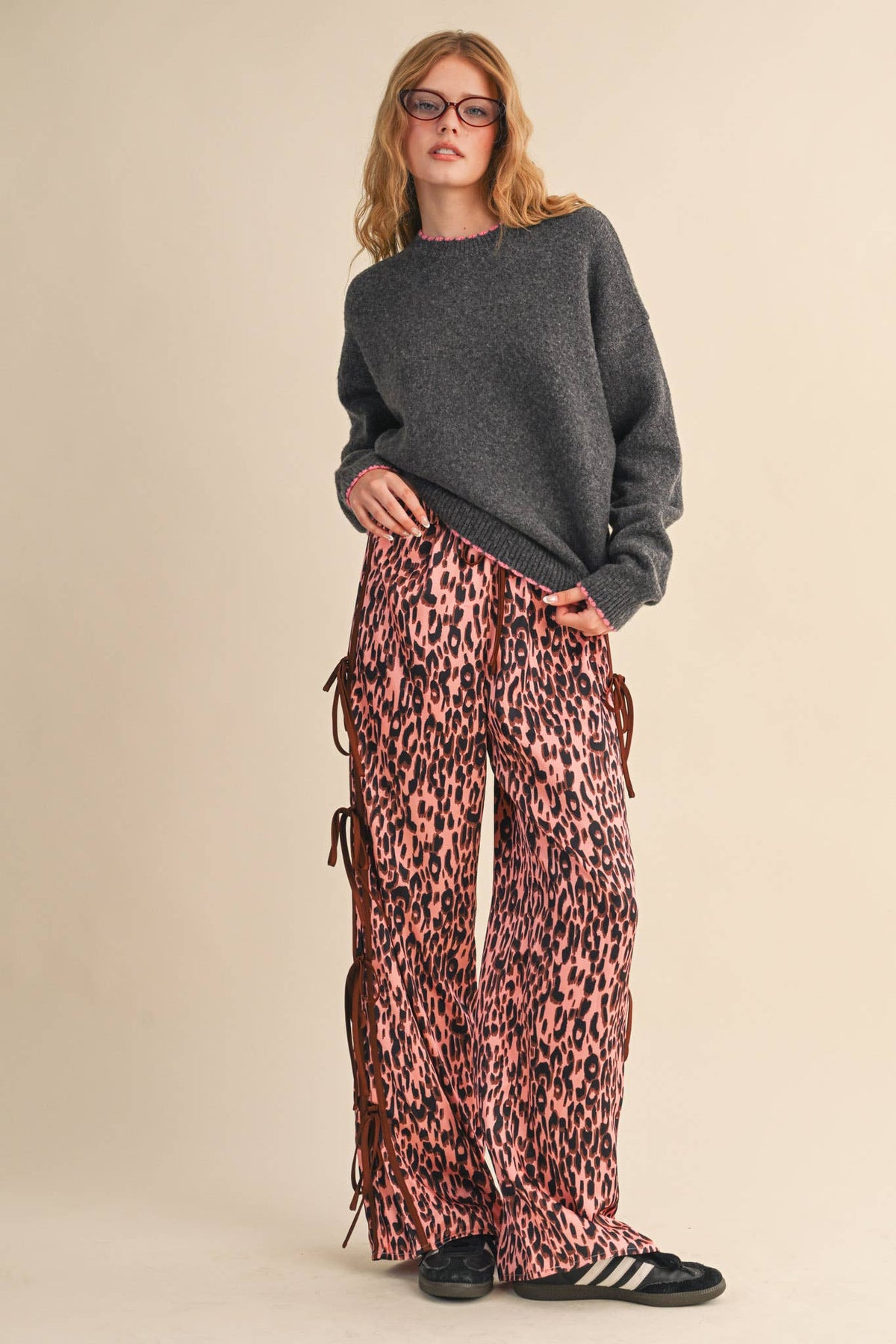 LEOPARD PRINT SIDE TYING WIDE LEG PANTS