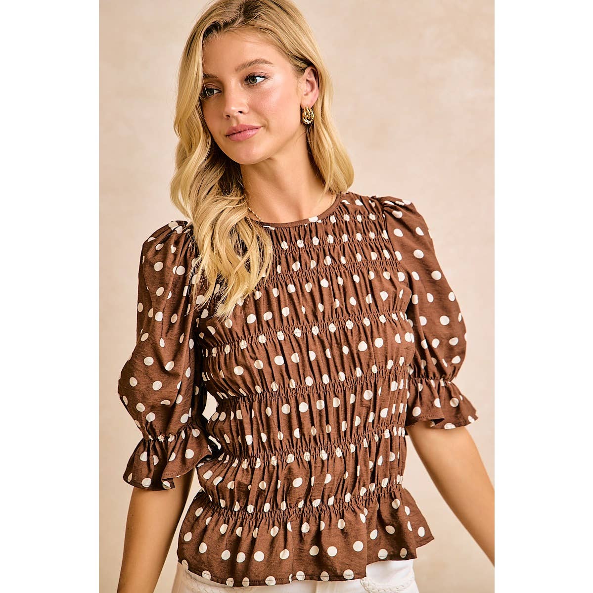 POLKA DOT PRINTED WOVEN SHIRRED BODY TOP