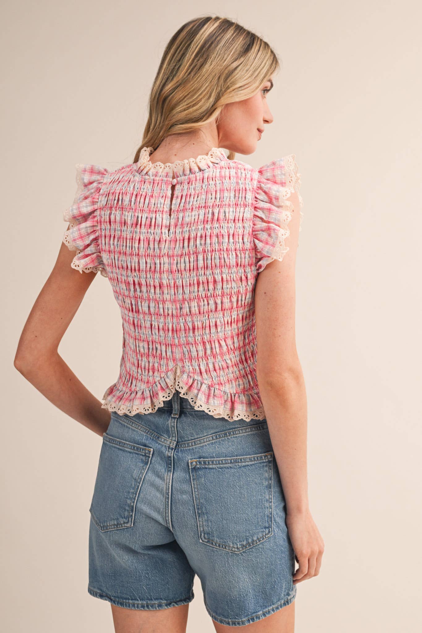 PLAID SMOCKED LACE TRIM TOP
