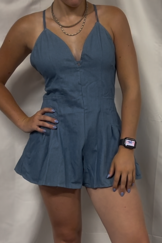 Denim V Neck Halter Neckline X Tie Back Romper