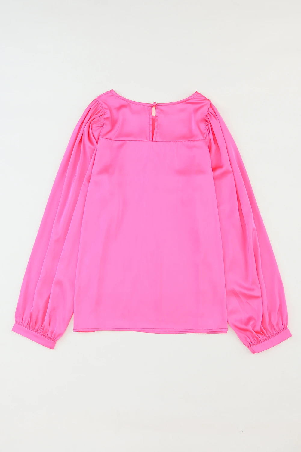 Pink Plain Satin Puff Long Sleeve Crewneck Blouse