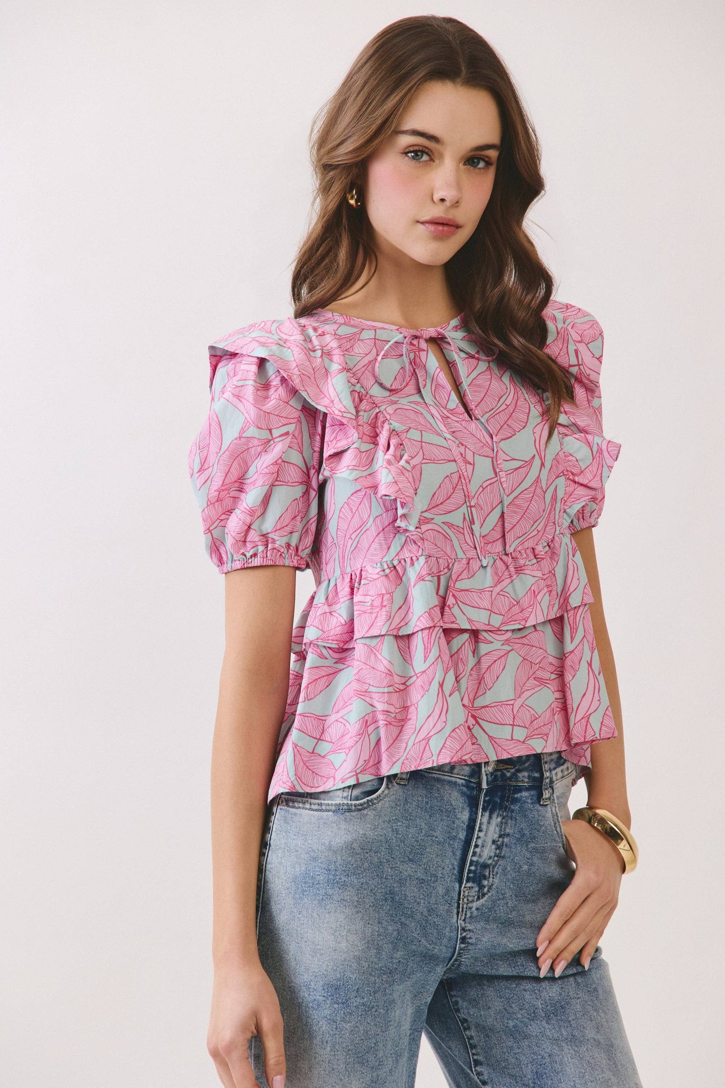 Tropical Leaf Print Ruffle Peplum Top
