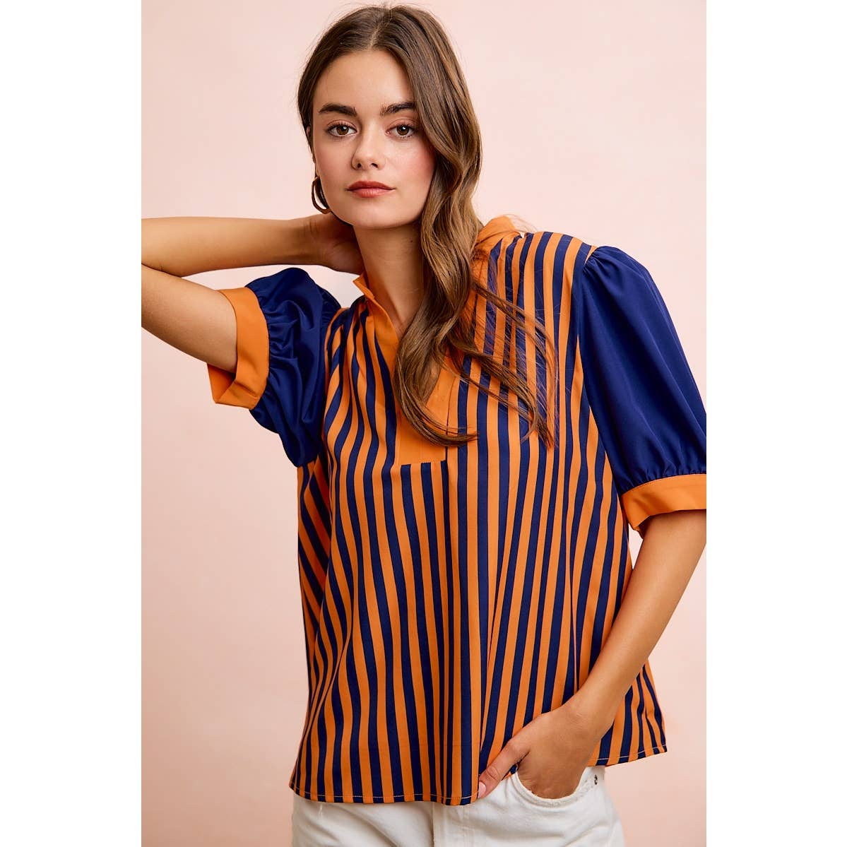 GAMEDAY THEME STRIPED WOVEN BLOUSE TOP