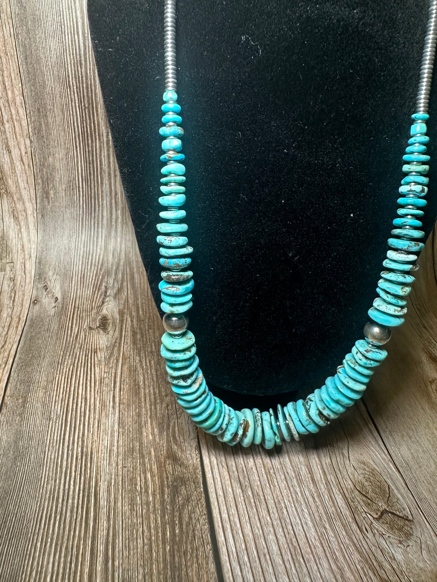 22 inch graduated turquoise necklace with Sterling silver pearls