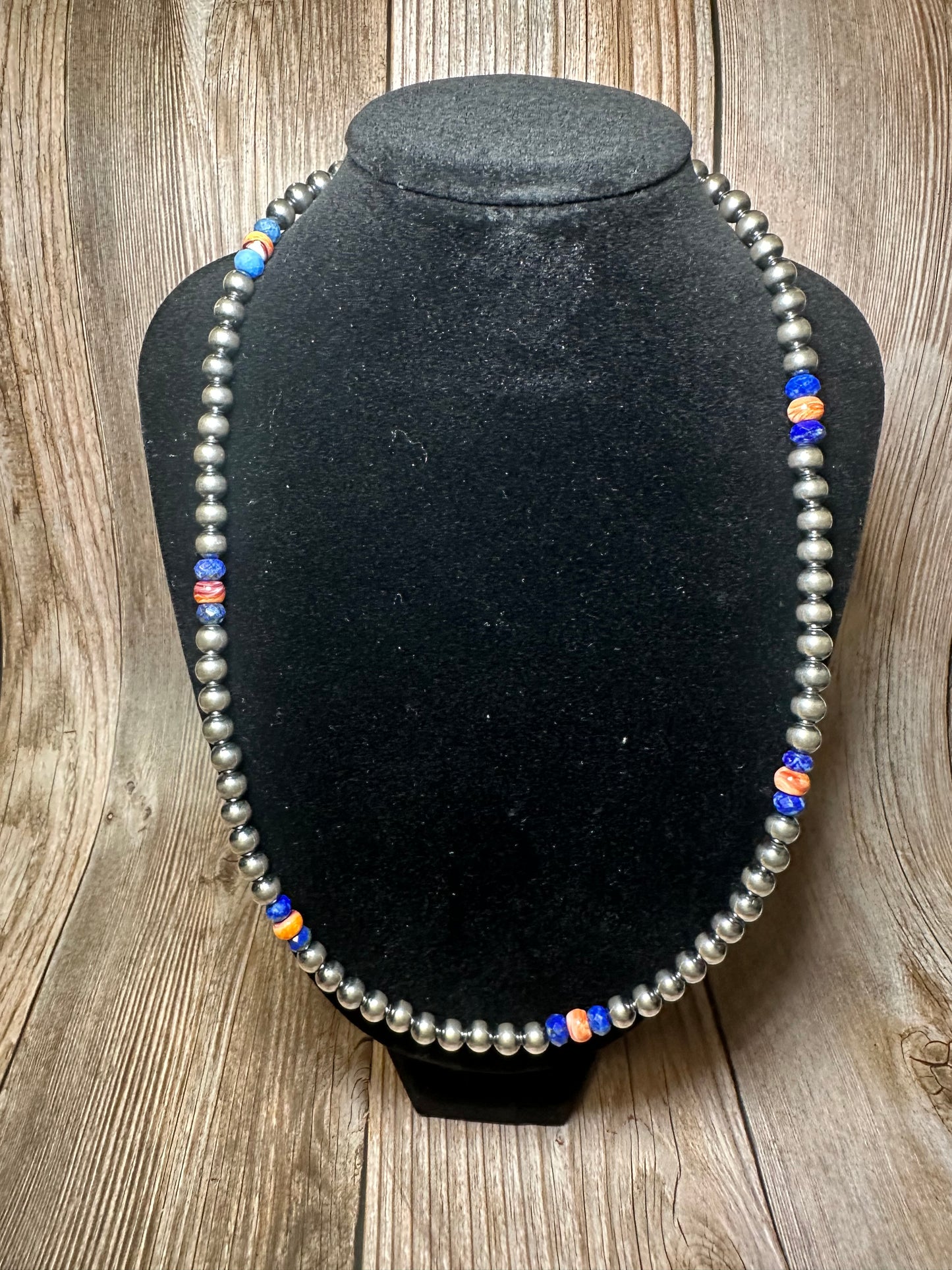 18 inch 6 mm Sterling Silver Pearls necklace lapis and spiny