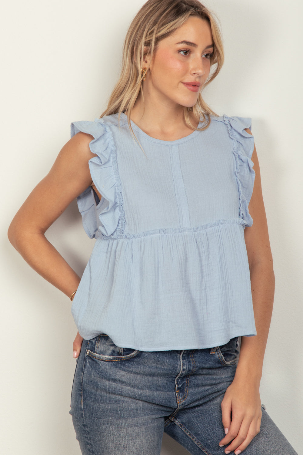 Ruffle Sleeve babydoll Top - Blue