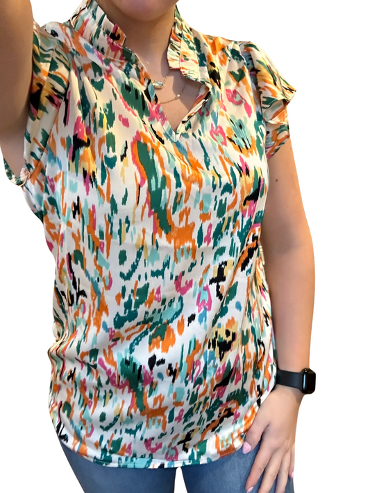 Green Abstract Print Split Neck Ruffle Sleeve Blouse