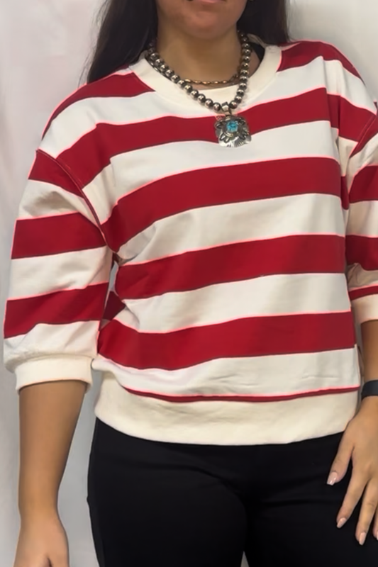 Drop shoulder 3/4 sleeves bold stripe casual top with V-notch.