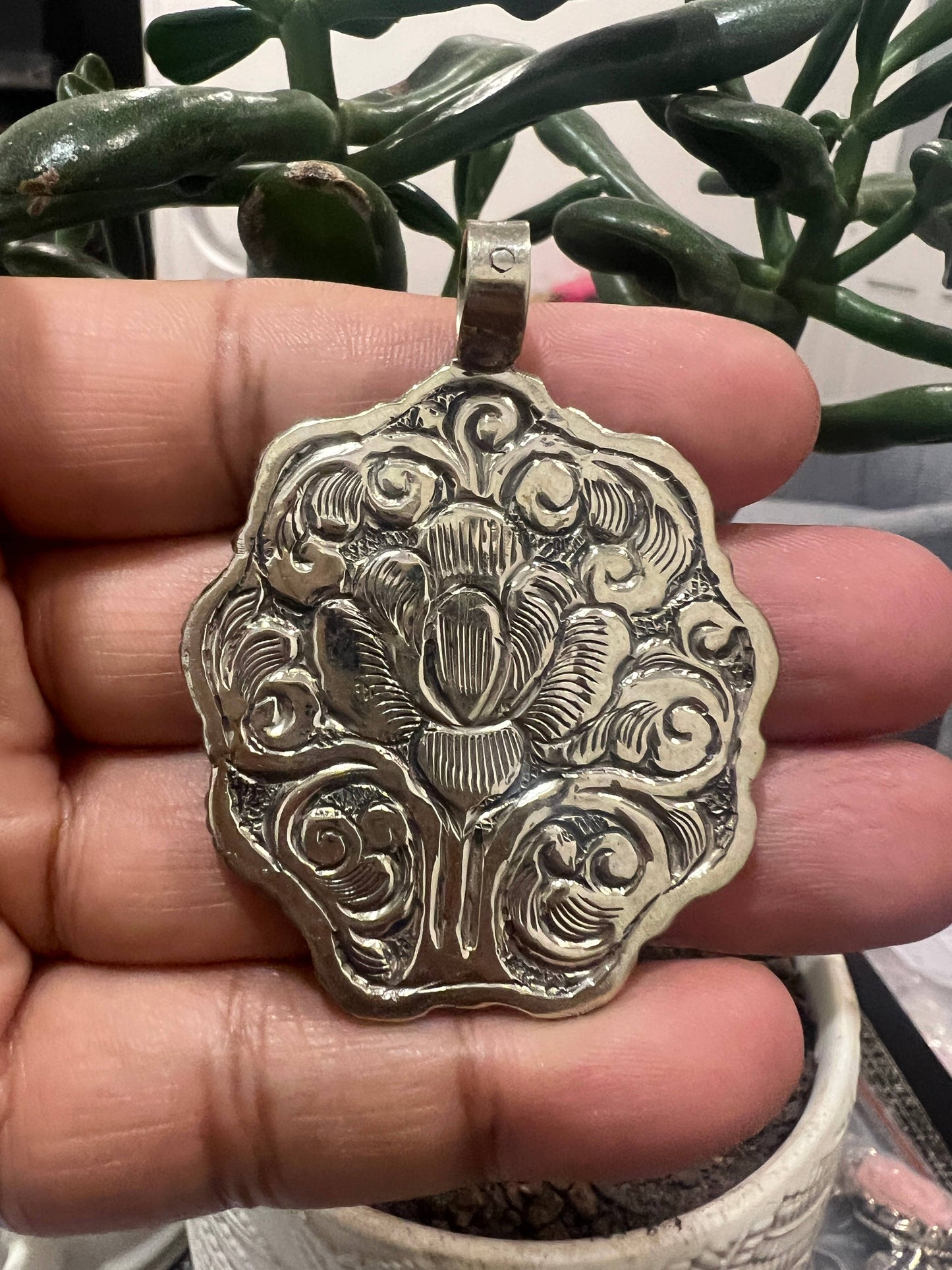 Natural Turquoise floral carved pendant, 2.25x1.75 inches