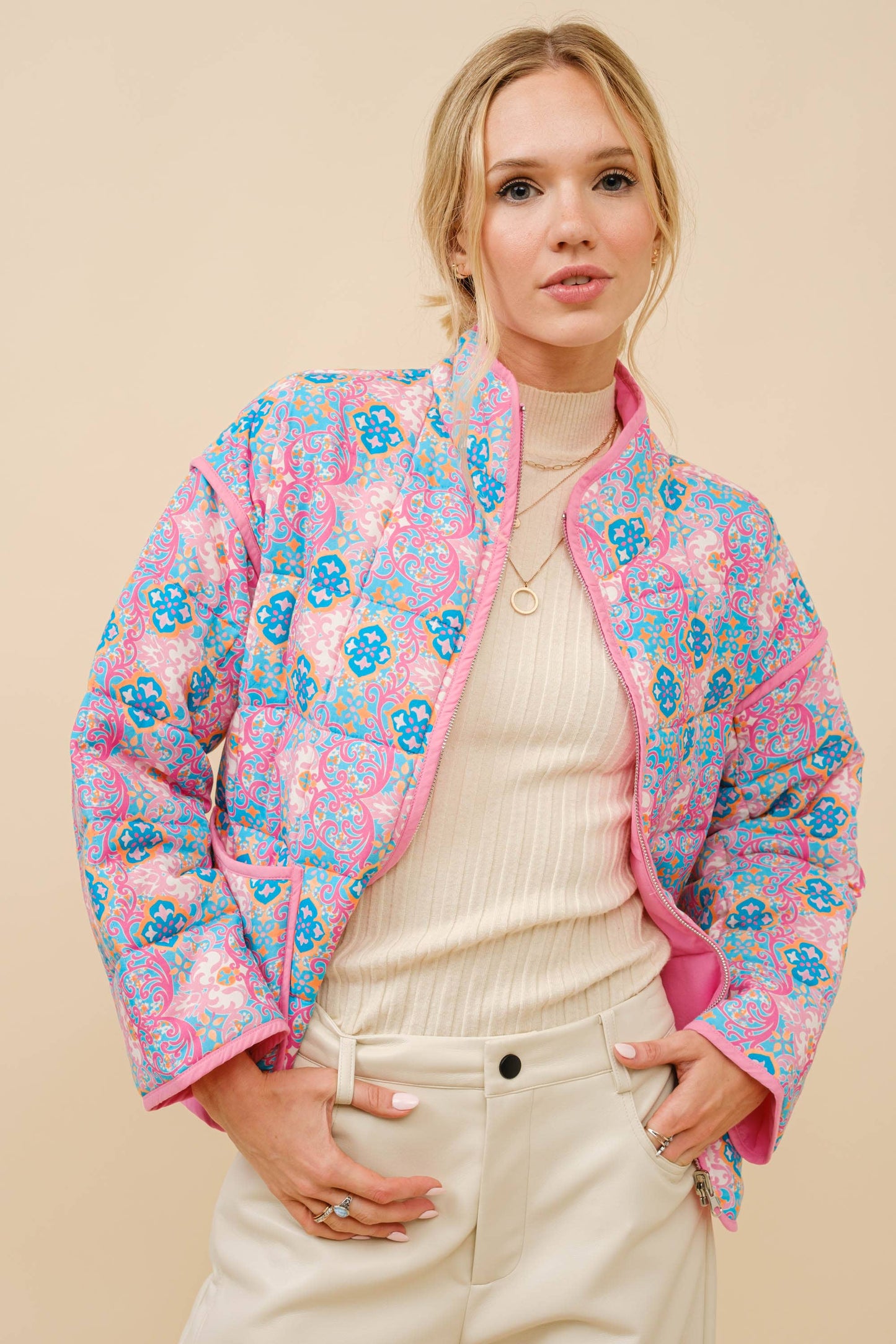 Rayon Challis Floral Reversible Quilted Jacket