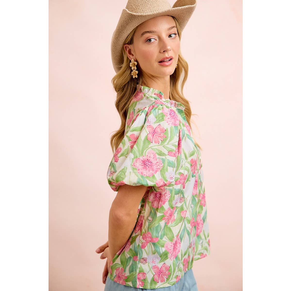 FLOWER PRINTED WOVEN RUFFLED V NECK TOP