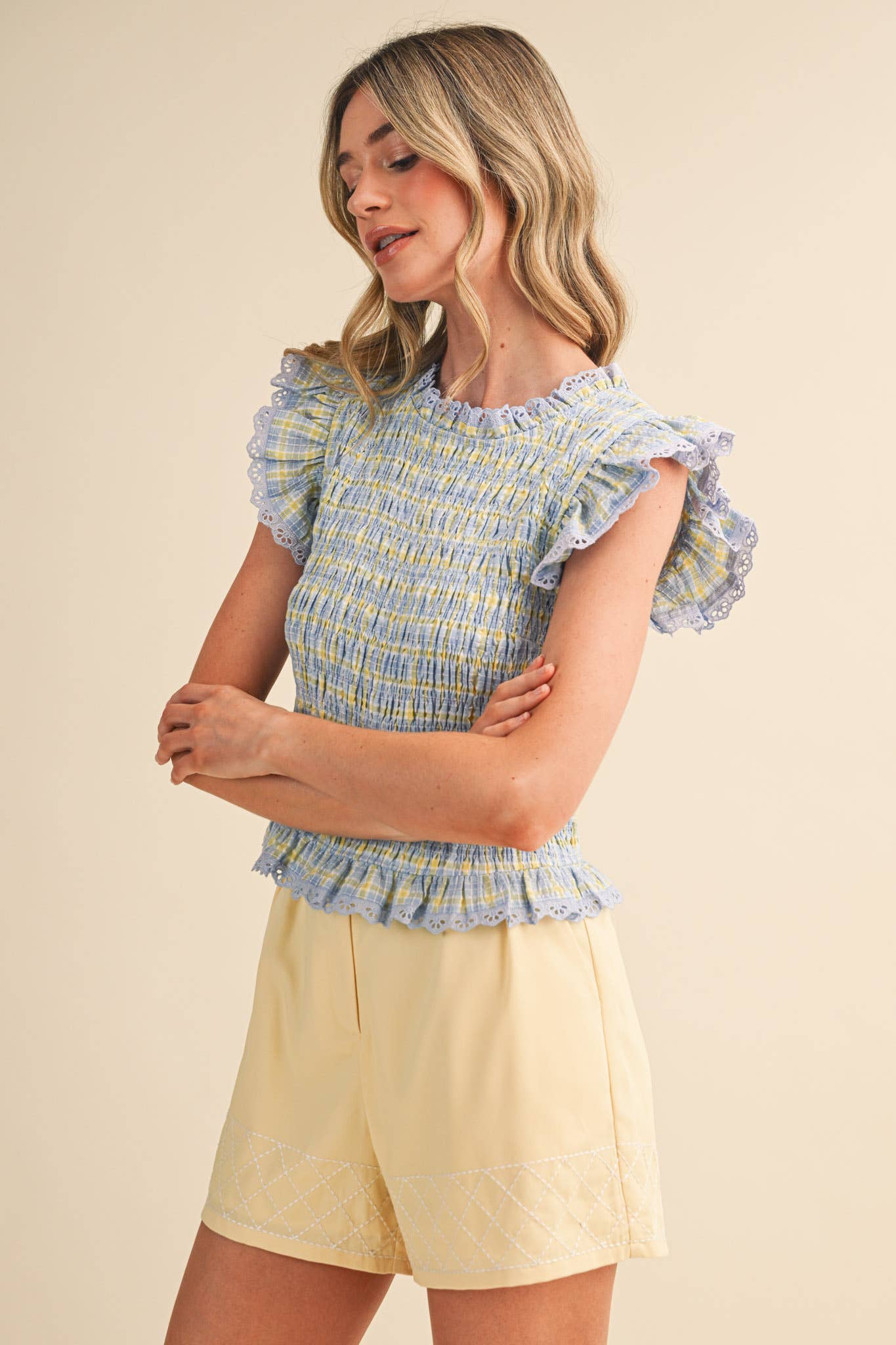 PLAID SMOCKED LACE TRIM TOP