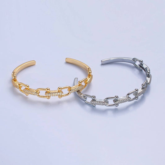 Gold U Link Bangle Cuff Bracelet Silver CZ Link Chain