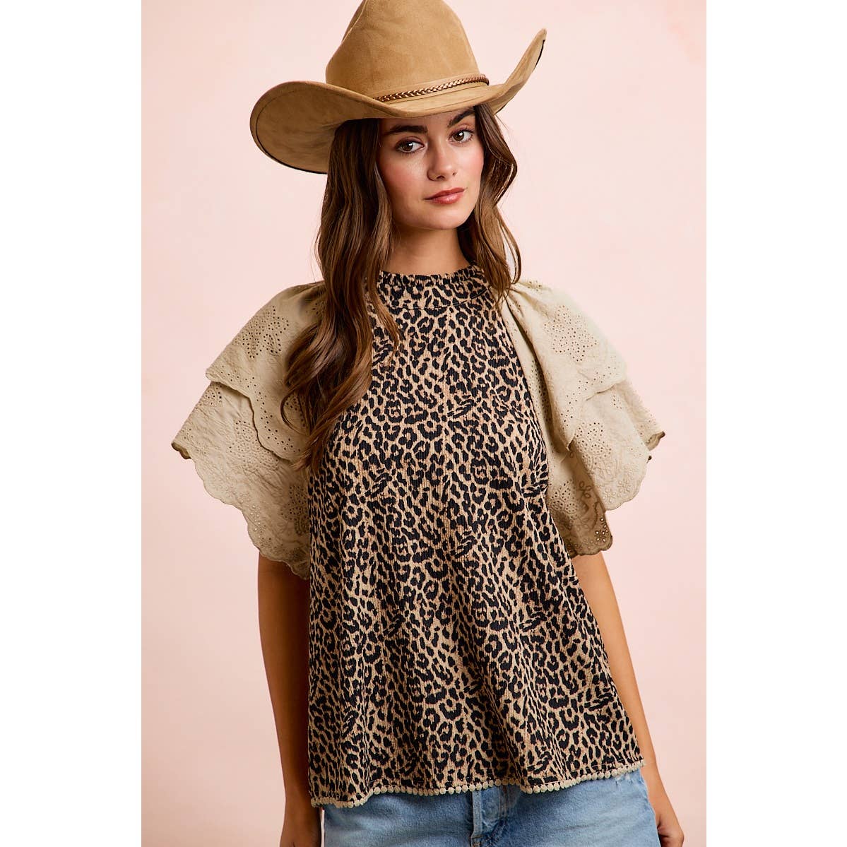 TEXTURED LEOPARD PRINTED LACE SLEEVE BLOUSE TOP