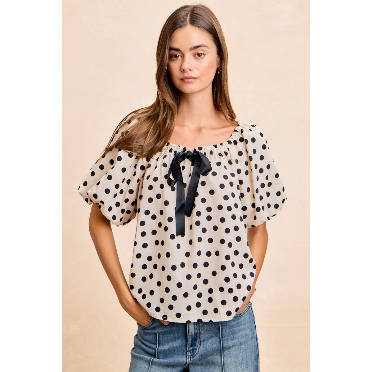 POLKA DOT BOW ELASTIC OPENING PUFF SLEEVES TOP