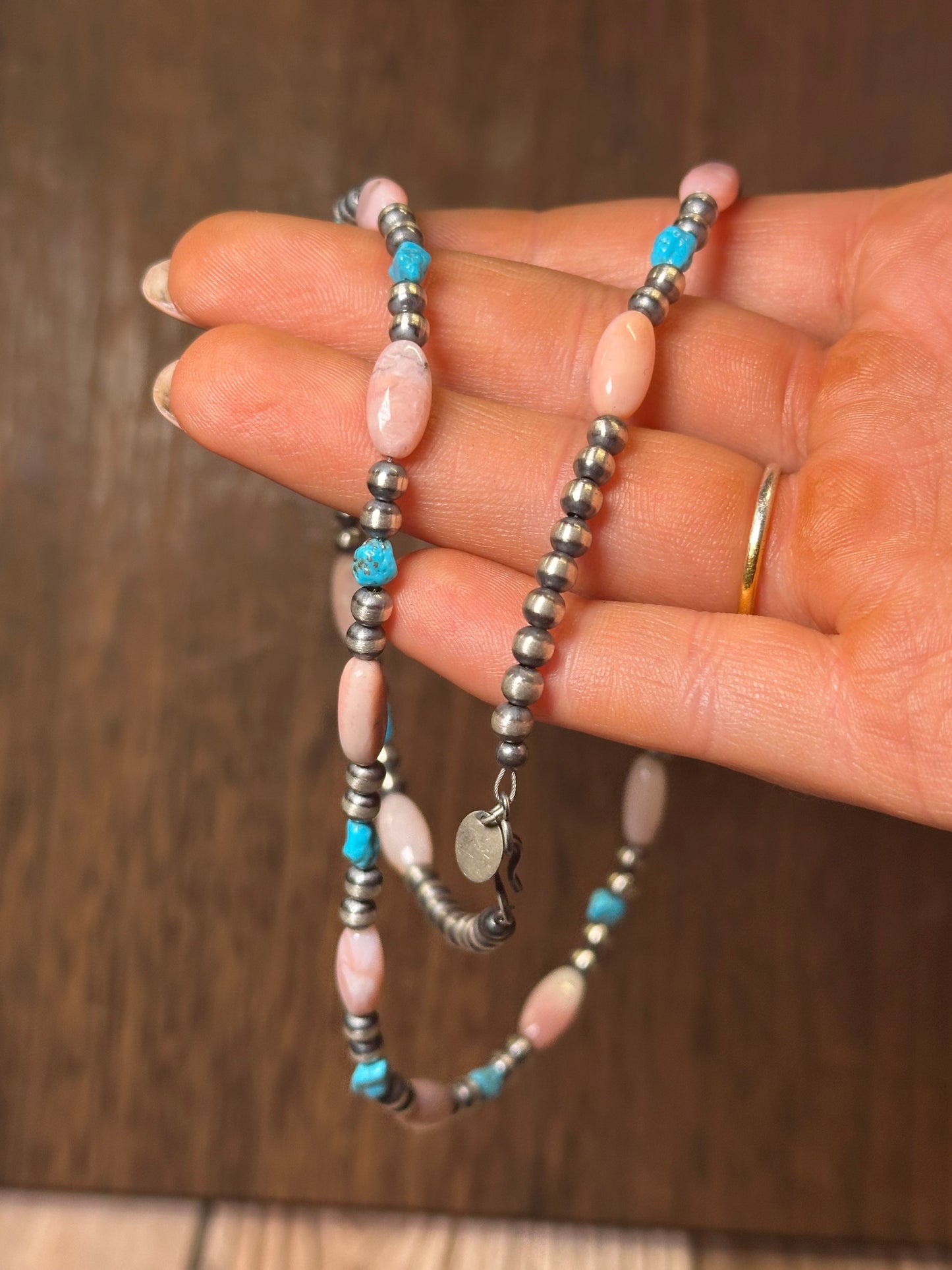 Navajo Sterling Silver Pearls with Kingman Turquoise and Pink Conch 20"