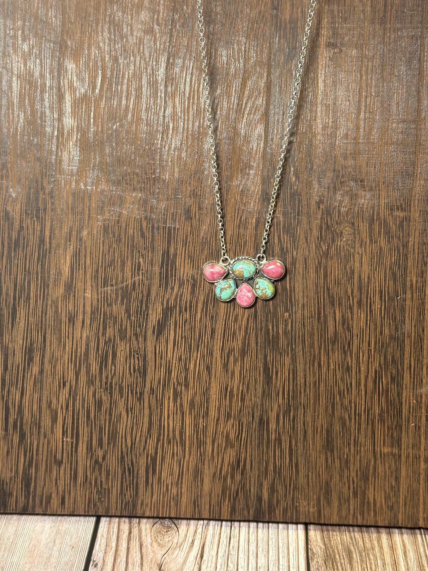 Handmade Sterling Silver, Rhodonite & Turquoise Necklace