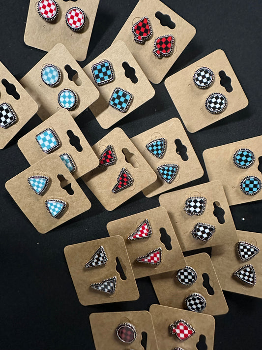 Checker pattern western stud earrings