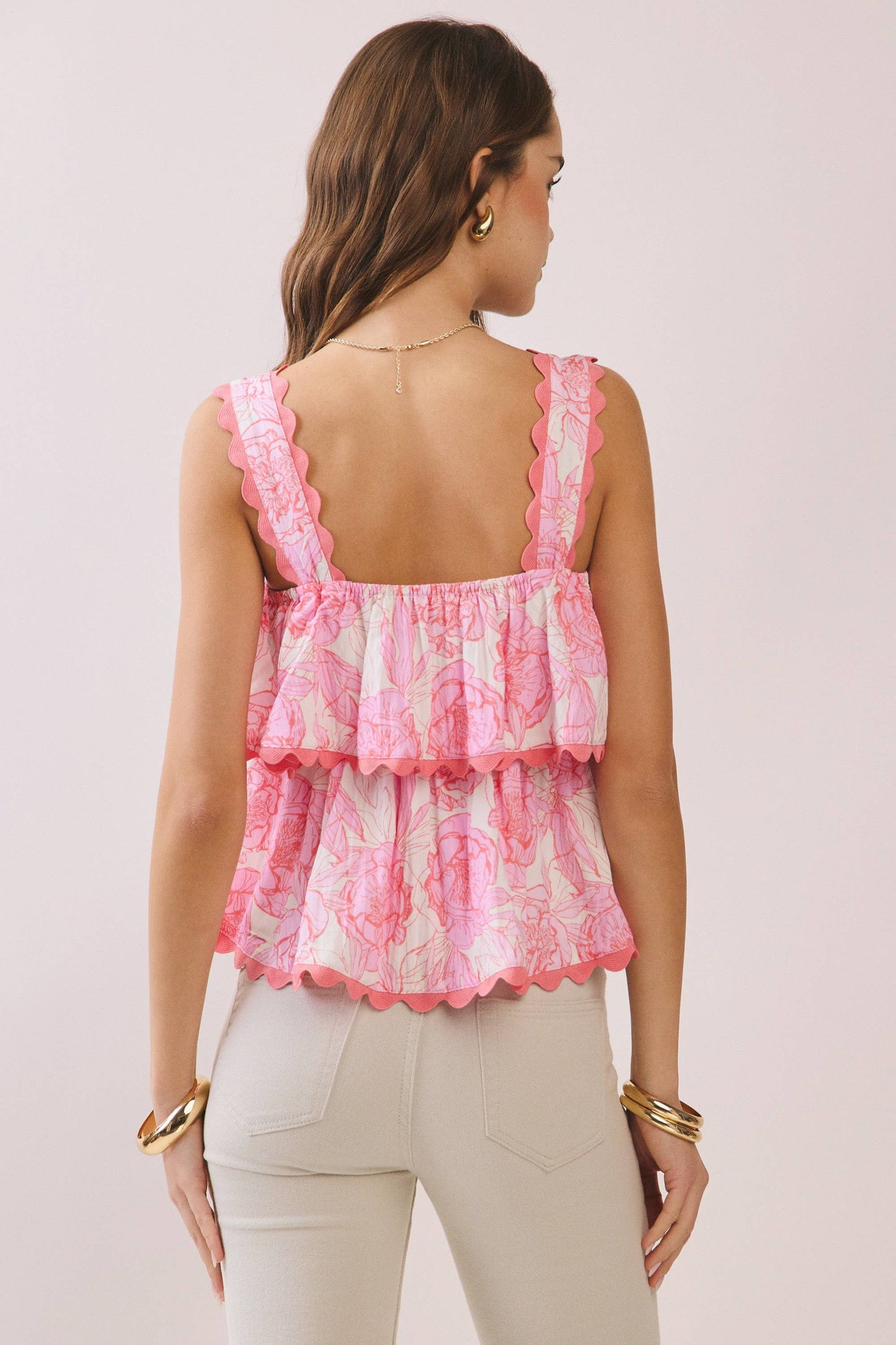 Floral Scalloped Trim Tiered Ruffle Strap Top