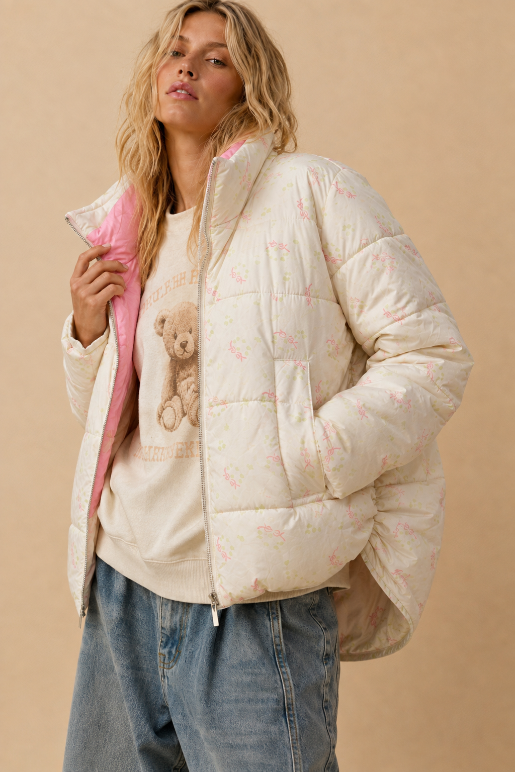 Bow Print Puffer Zipper Jacket