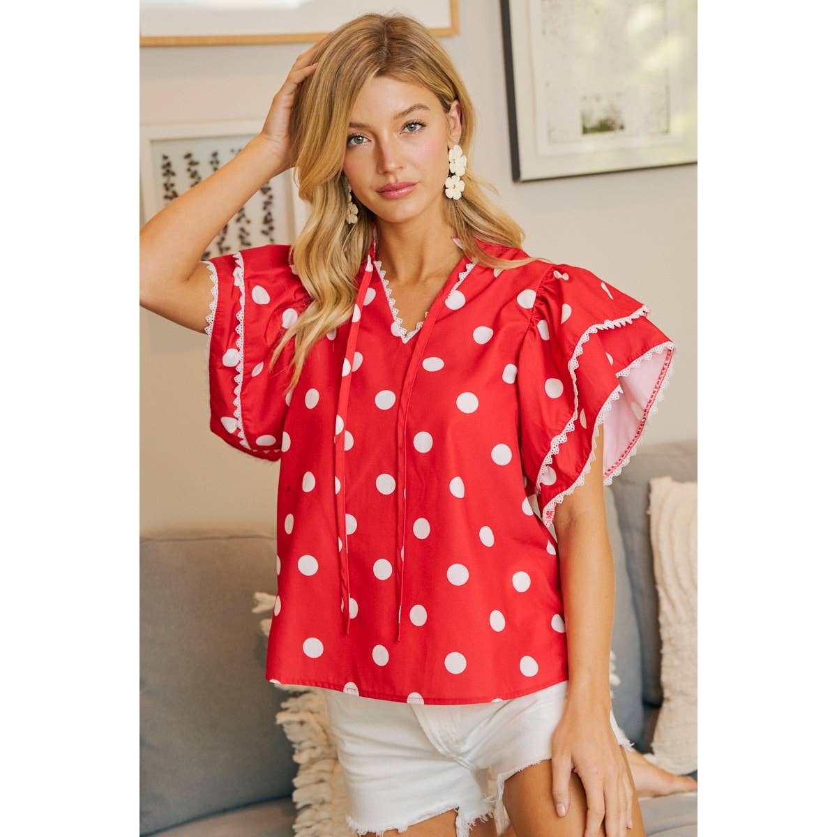 POLKA DOT PRINTED RUFFLE TRIM EDGE BLOUSE TOP