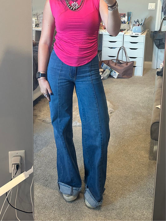 Front seam detailing high Waist Vintage Flare Wide Leg jeans