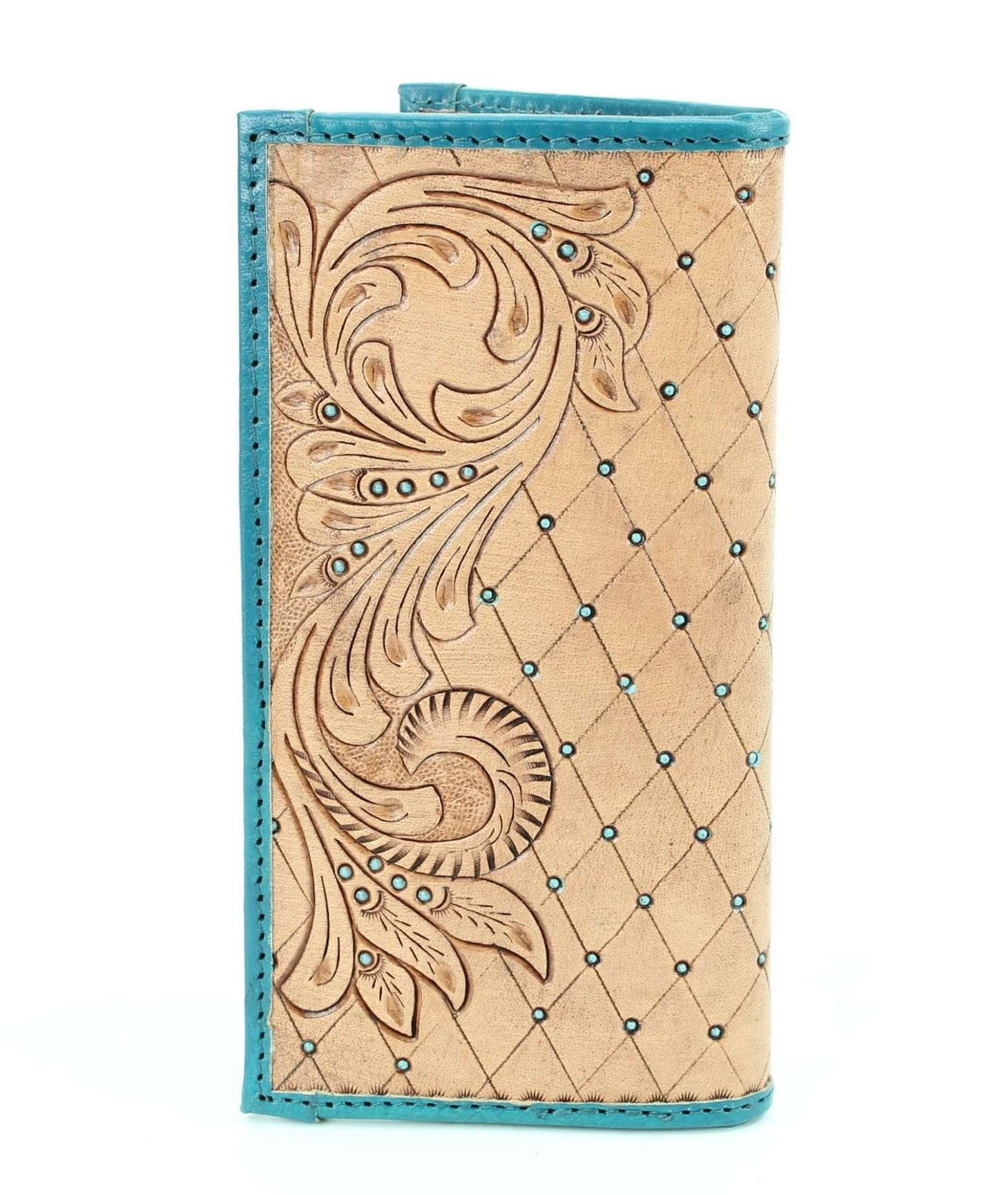 Tan tooled leather wallet with turquoise stone #AB W 07 TAN
