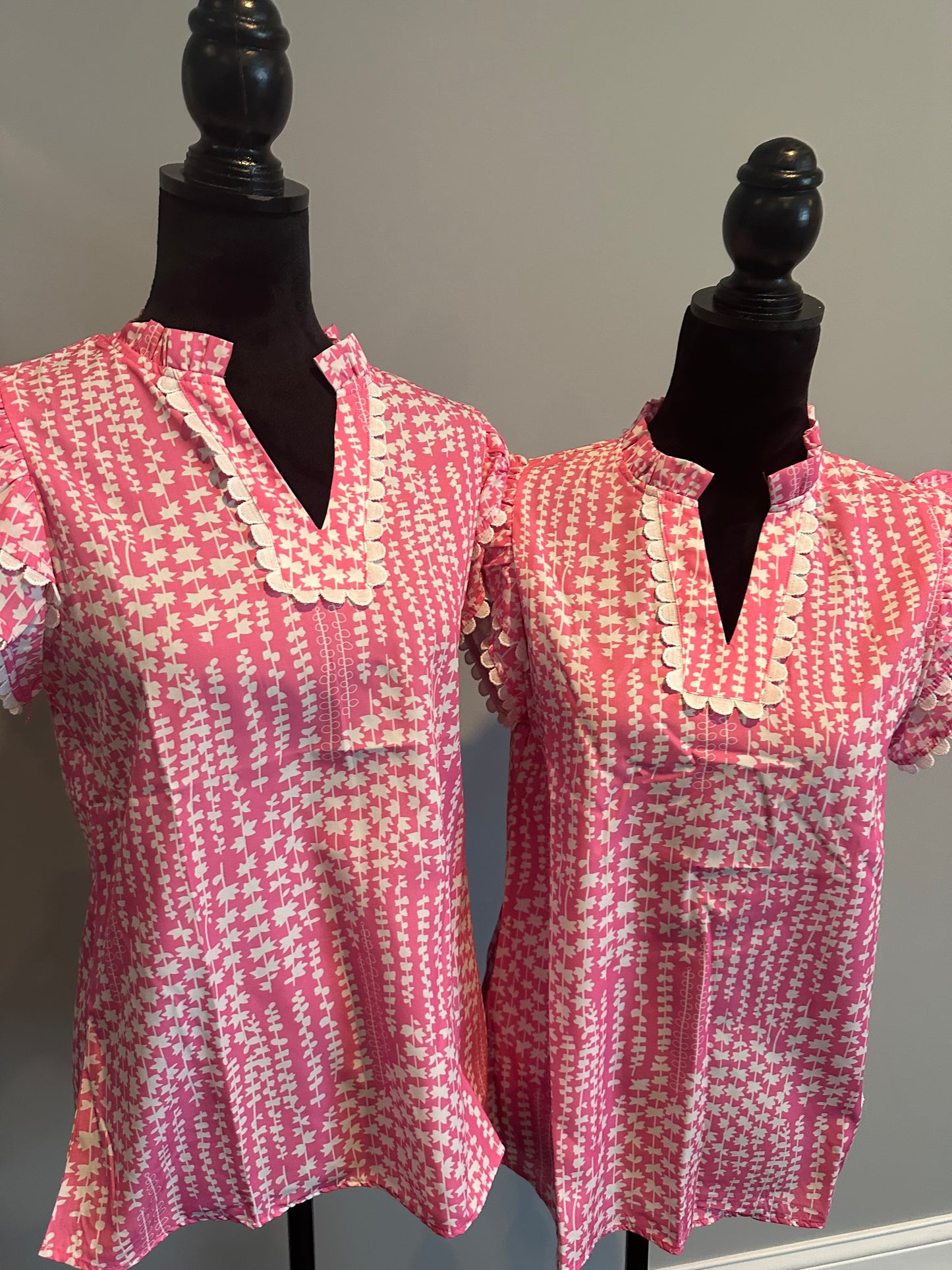 Pink Abstract Print Ric Rac Trim Flutter Sleeve Notch V Neck Blouse