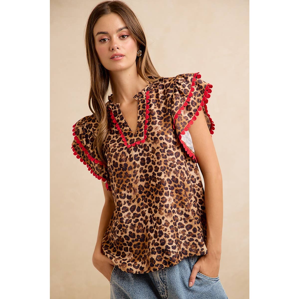 LEOPARD PRINTED WOVEN RIC RAC TRIM V NECK TOP