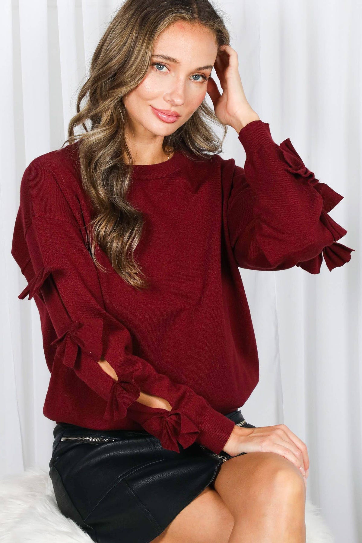 Bow Embellished Crew Neck Long-Sleeve Knit Sweater VT82605