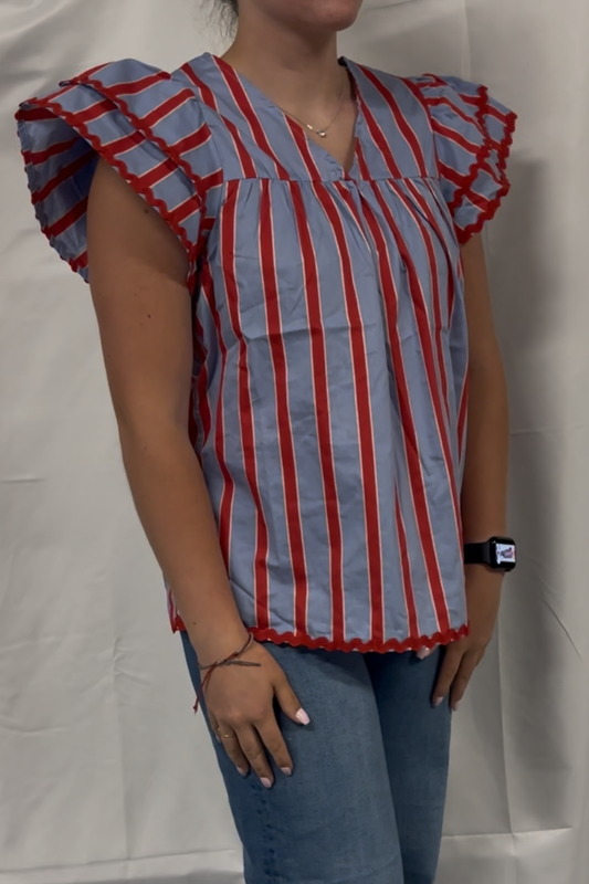 Wavy Trim Edge Stripe Woven V Neck Top-back Key Ho