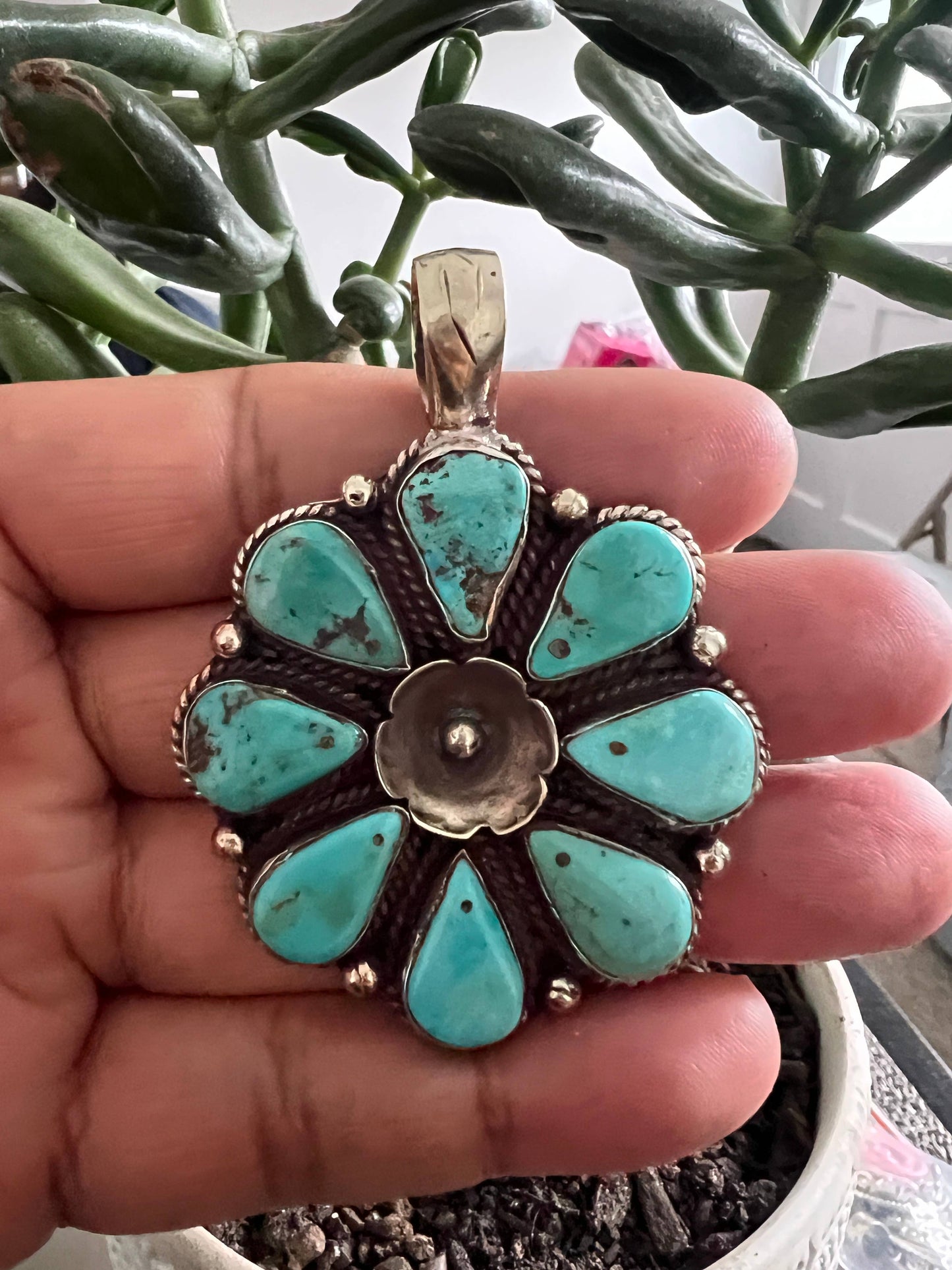 Natural Turquoise floral carved pendant, Handcrafted