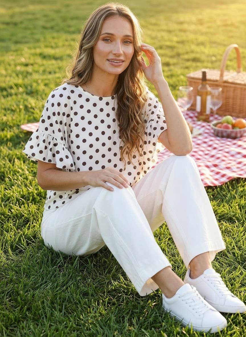 Polka Dot Wild Ruffle Sleeve Flowy Blouse Top VT83104D