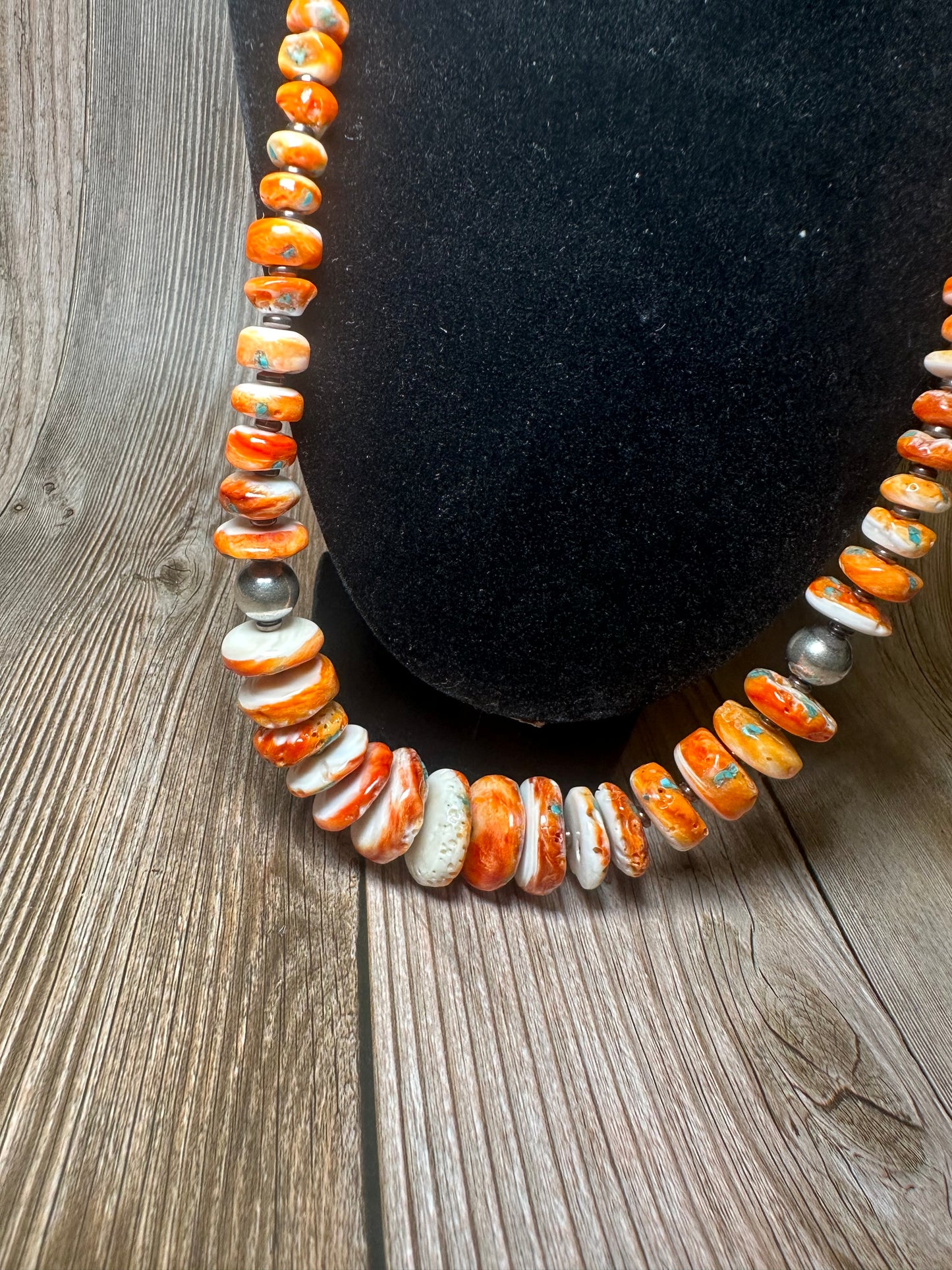 22 Inch orange spiny, turquoise and sterling silver pearls