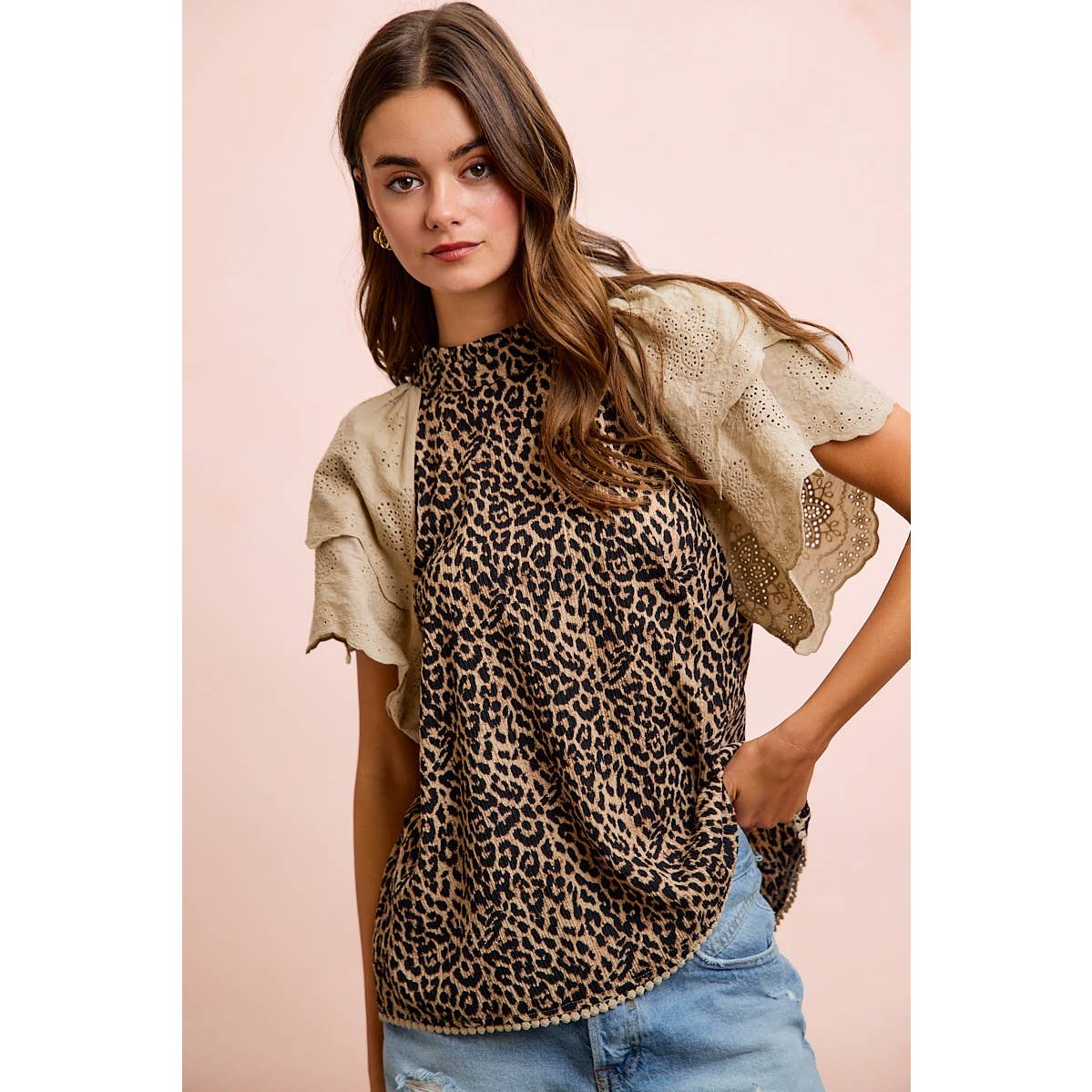 TEXTURED LEOPARD PRINTED LACE SLEEVE BLOUSE TOP