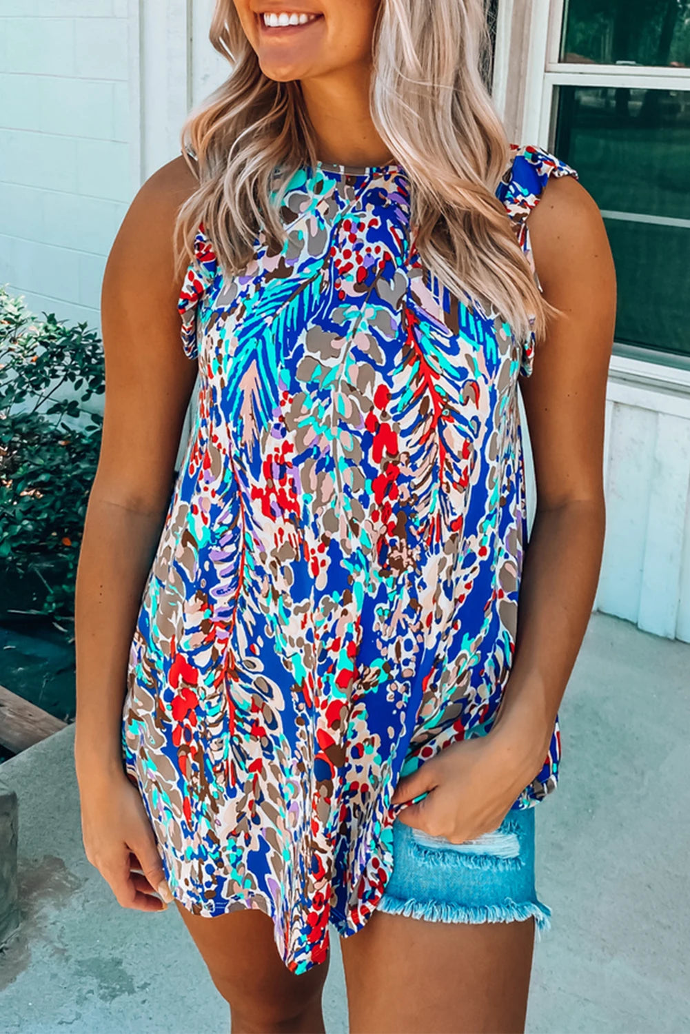 Dark Blue Abstract Print Babydoll Ruffle Sleeveless Shirt