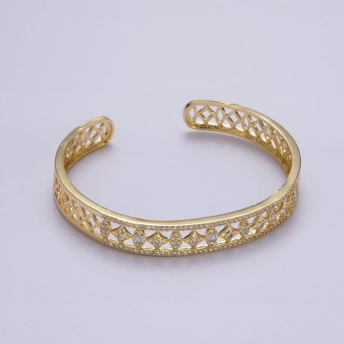 14K Gold Filled Spade Marquise Lined Micro Paved CZ Open Cuff Bangle Bracelet in Gold & Silver | WA-1931 WA-1932 Clearance Pricing