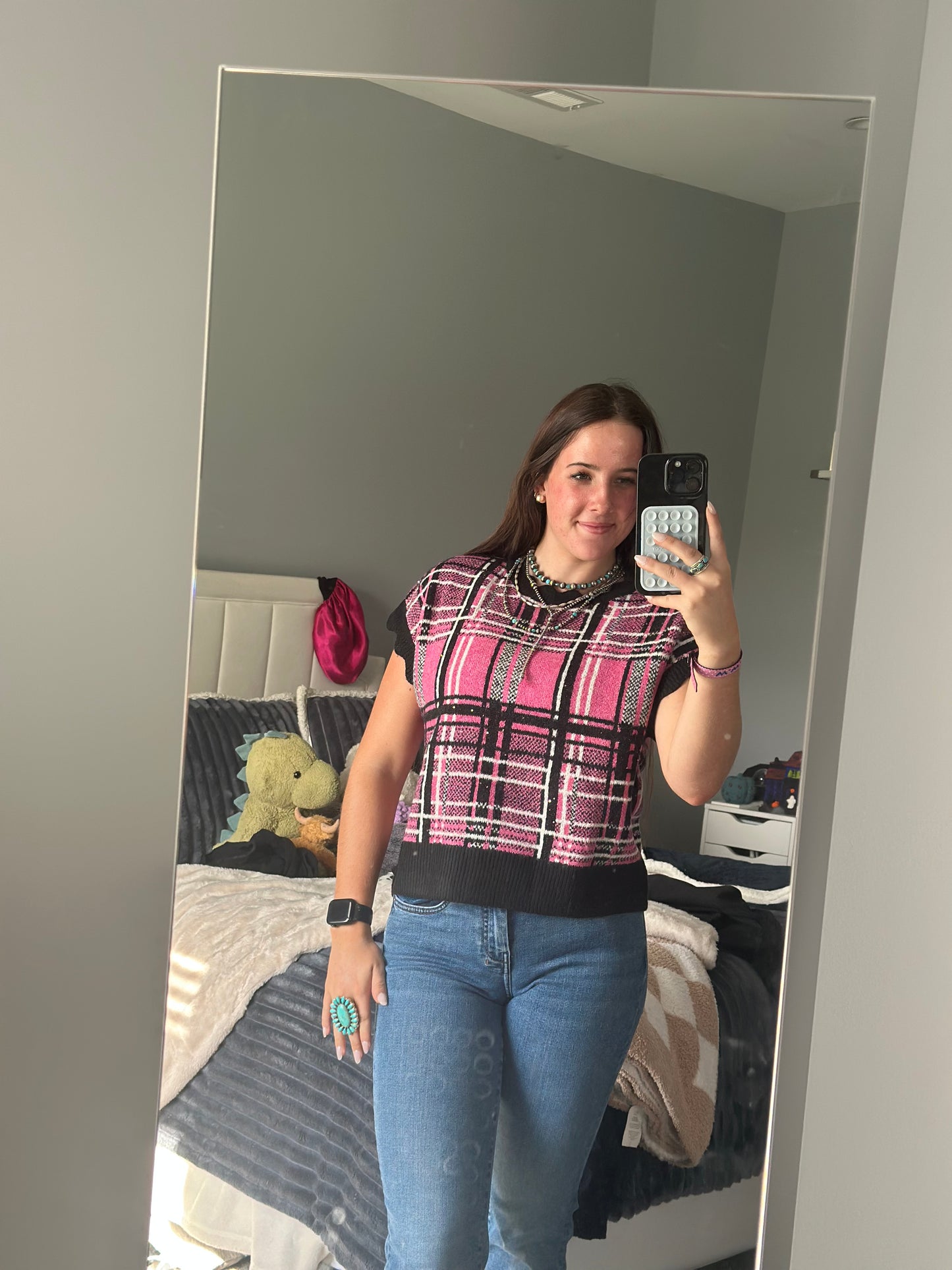 Plaid Short Sleeve Sweater Knit Top