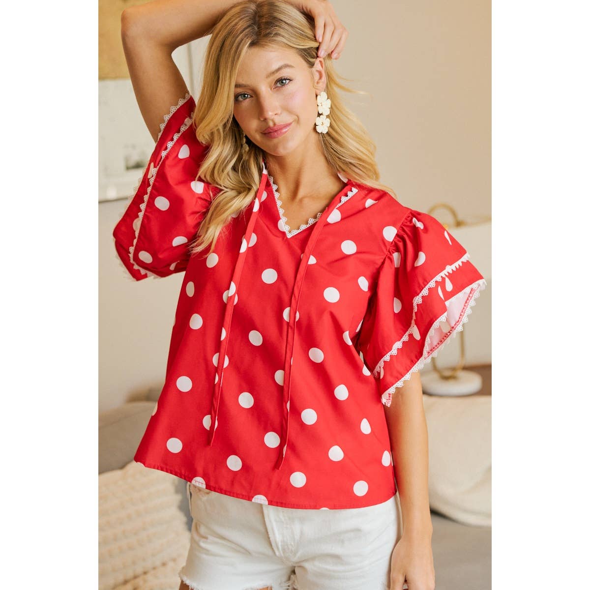 POLKA DOT PRINTED RUFFLE TRIM EDGE BLOUSE TOP